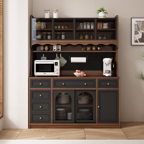 63 Inch Freestanding Buffet Storage Cabinet with Hutch, Large Coffee Bar with 6 Drawers, 4 Adjustable Shelves, Pegboard, and Power Outlet for Kitchen, Dining Room, Brown Black