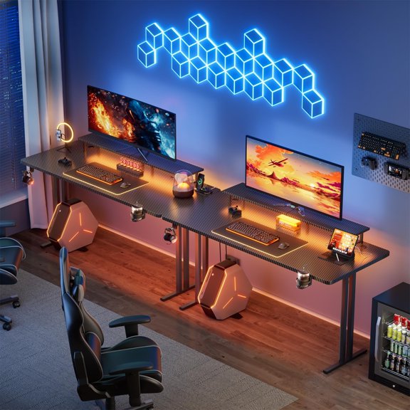 63 Inch Gaming Desk with 5 Sockets & LED Lights, Computer Gamer Desk with Monitor Stand, Ergonomic Carbon Fiber Gaming Table Home Office Desk with Cup Holder, Headphone Hook & Mouse Pad