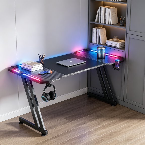 63 Inch Gaming Desk with LED Lights, Large RGB Computer Gaming Desk Table with Cup Holder, Headphone Hook, Mouse Pad, Ergonomic Modern Carbon Fiber Work Desk for Home Office, Black