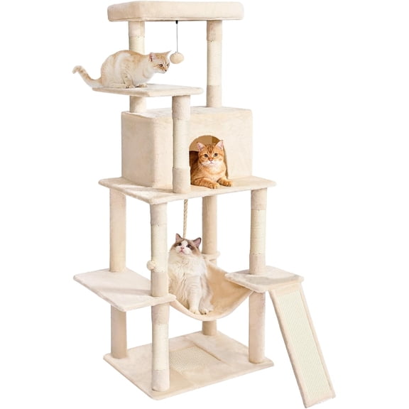 63 Inch Heavy Duty Cat Tree Tower for Indoor Cats 20 lbs+, Multi-Level Large Cat Tower with Sisal Scratching Posts, Hammock, Condo and Extended Platform, Black