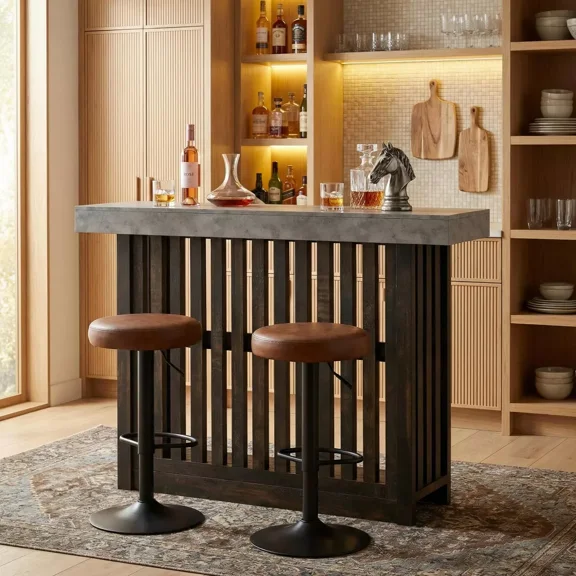 63 Inch Home Bar Cabinet with Footrest, 2-Tier Modern Pub Table for Kitchen Living Room, Large Entertaining Bar Unit with Storage Shelves, Industrial Style, Gray+Brown