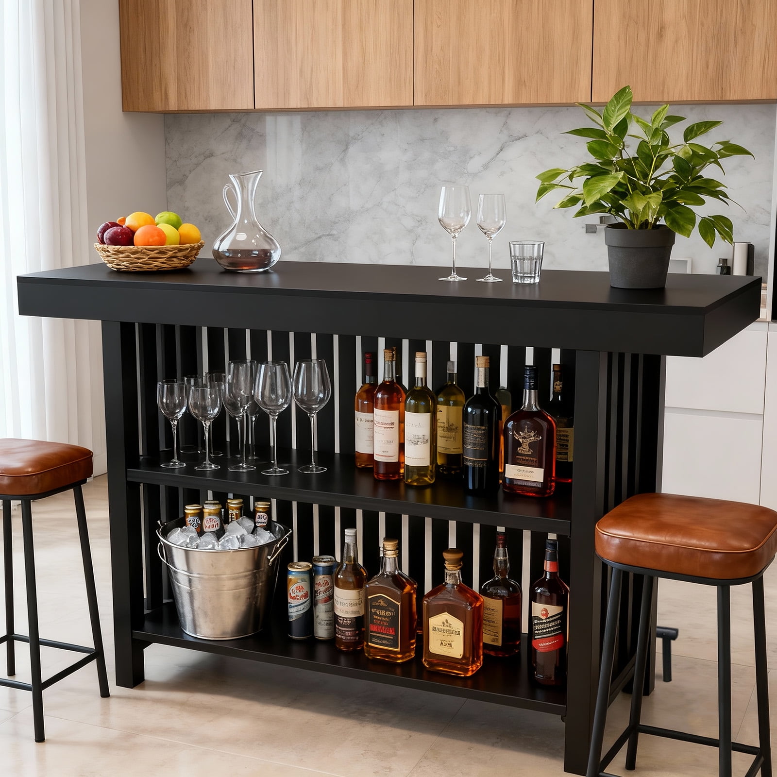 63 Inch Home Bar Table with 2-Tier Storage & Footrest, Mini Coffee Bar ...