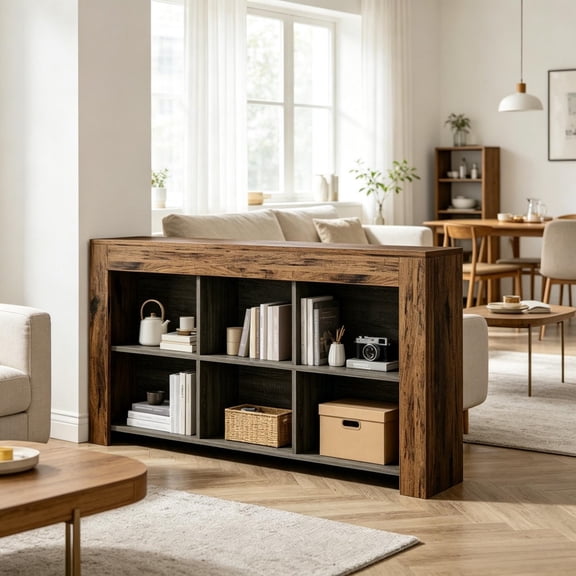 63 Inch Horizontal Bookshelf, 6-Cube Storage Organizer, Rustic Industrial MDF Bookcase with Sealed Back for Living Room Bedroom Office