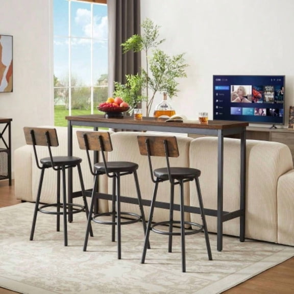 63 Inch Industrial Long Bar Table Set with 3 PU Upholstered Stools, Rustic Brown & Black, for Kitchen Breakfast, Living Room & Banquet Hall