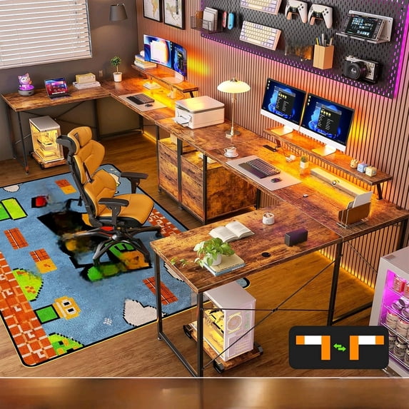 63 Inch L Shaped Desk with Power Outlets & LED Lights, Computer Corner Home Office Desk with File Drawer, Monitor Stand and Removable CPU Stand, Large Storage, Gaming, Writing, Rustic Brown
