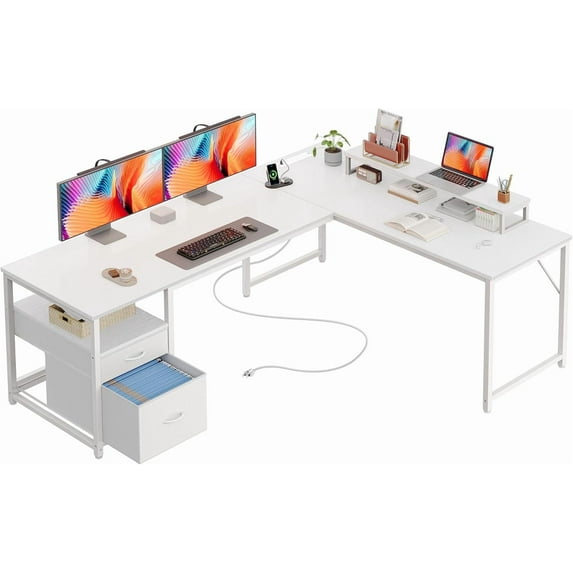 63 Inch L Shaped Desk with Power Outlets and USB-C Port, Computer Corner Home Office Desk with File Fabric Drawers and Movable Monitor Stand, Larger Storage, Gaming, Writing, Work, White