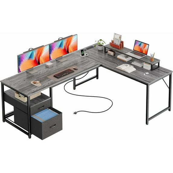 63 Inch L Shaped Desk with Power Outlets and USB-C Port, Computer Corner Home Office Desk with File Fabric Drawers and Movable Monitor Stand, Larger Storage, Gaming, Writing, Work, Grey