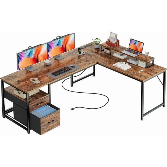 63 Inch L Shaped Desk with Power Outlets and USB-C Port, Computer Corner Home Office Desk with File Fabric Drawers and Movable Monitor Stand, Larger Storage, Gaming, Writing, Rustic Brown