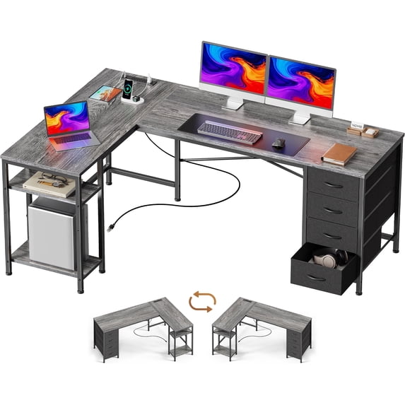 63 Inch L-Shaped Desk with Fabric Drawers, Reversible Home Office & Gaming Desk with Power Outlets, USB-C, and Adjustable Storage Shelves