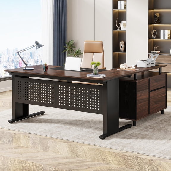 63 Inch L-Shaped Office Desk with File Cabinet Drawers and Open Storage Shelves E0 Grade Board Metal Frame Spacious Workstation Business Furniture Set for Home Office Gray Black