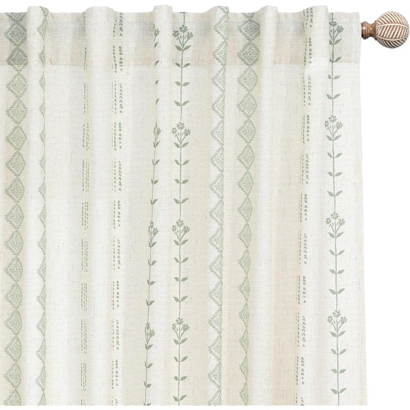 63 Inch Length Curtains 2 Panels Set,Sheer Linen Boho Sage Green Cream White Spring Leaf Curtains for for Living Room Kitchen Window Treatments