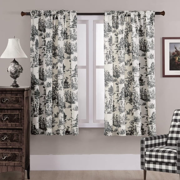 63 Inch Length Living Room Bedroom Window Drapes Curtain Set,Nice European Parisian Antique Toile Floral Grey White and Black Out Curtains 63 Inch Long 2 Panels