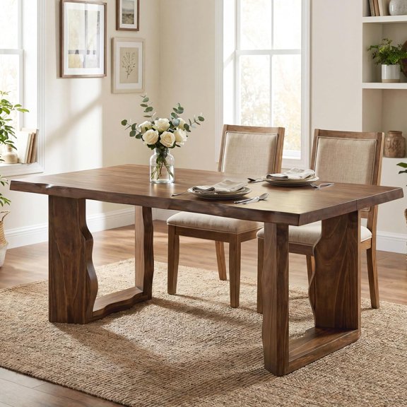 63-Inch Live Edge Wood Dining Table, Modern Farmhouse Kitchen Table with Curved Sculpted Legs, Rustic Rectangular Dining Room Table for 4-6 People, Dark Brown