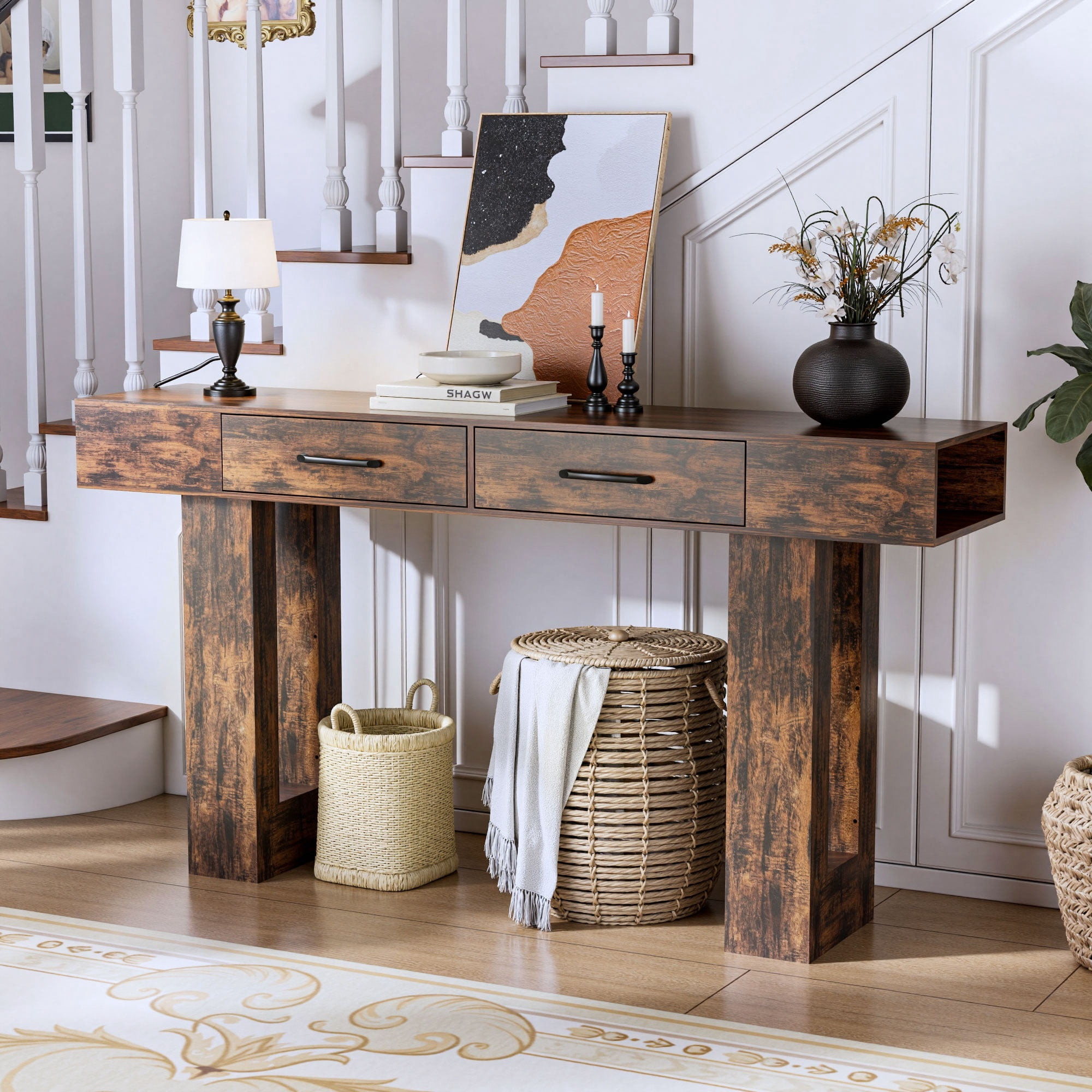 63 Inch Long Console Table with Charging Station & 2 Drawers, Holaki Modern Wood Sofa Table Behind Couch, Hallway Accent Table for Entryway, Console Table for Entryway Hallway Living Room