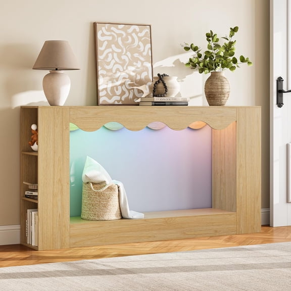 63 Inch Long Console Table for Entryway with RGB Ambient Light, Sofa Table with 3-Tier Storage Bookshelf, Narrow Entryway Behind Couch Table for Entrance, Hallway, Living Room, Natural Oak