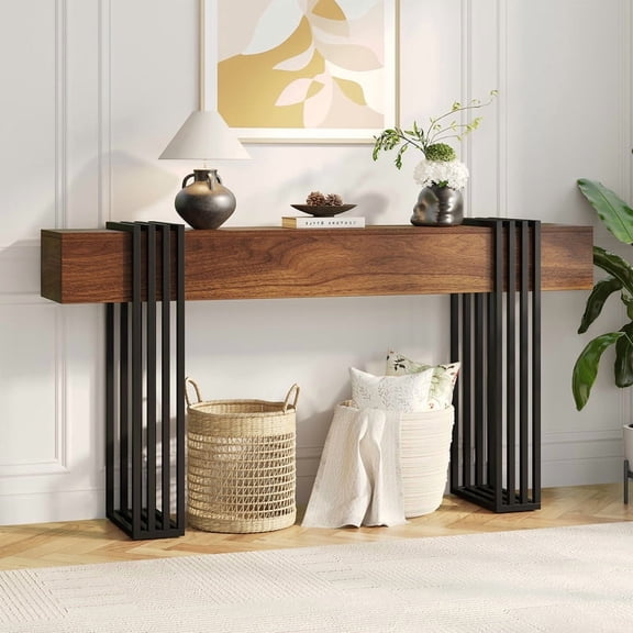 63 Inch Long Console Table, Extra Thick Industrial Sofa Table Behind The Couch Rectangular Entryway Table for Entrance Hallway Living Room, Entire top Board & 4-Pipe Legs, Rustic Brown
