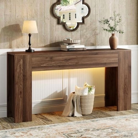 63-Inch Long Console Table with RGB LED Lights, Extra Wide and Thick Sofa Table Behind Couch, Farmhouse Entryway Table for Entrance, Hallway, Living Room, Brown$$Furniture