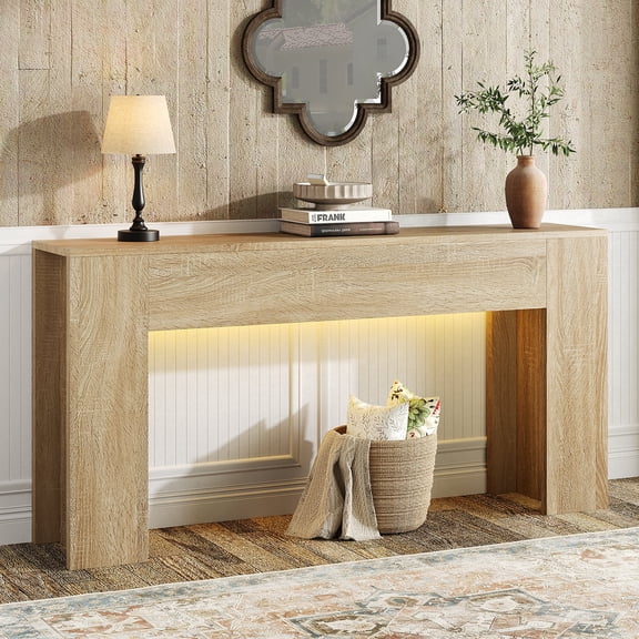 63-Inch Long Console Table with RGB LED Lights, Extra Wide and Thick Sofa Table Behind Couch, Farmhouse Entryway Table for Entrance, Hallway, Living Room, Nature
