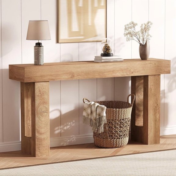 63-Inch Long Console Table, Sofa Table Behind The Couch, Farmhouse Wooden Rectangular Entryway Table for Entrance, Hallway, Living Room- Natural