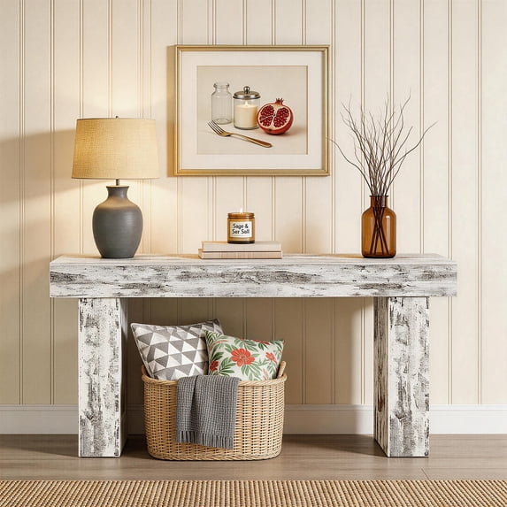 63-Inch Long Console Table Wooden Rectangular Sofa Table Behind Couch Farmhouse Entryway Table For Hallway Living Room Entrance (Distressed White)