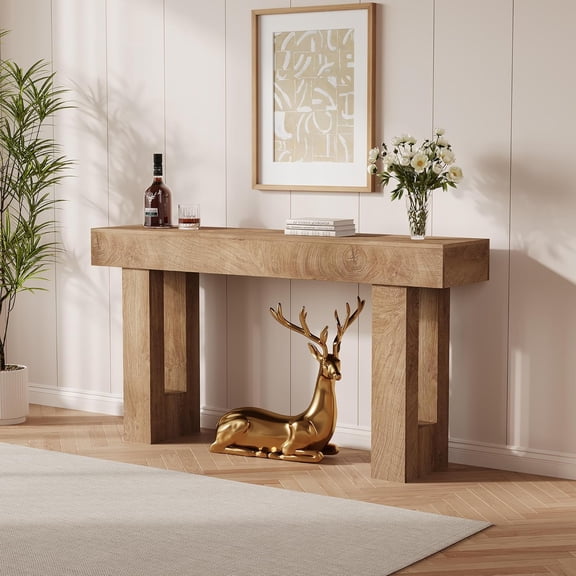 63 Inch Long Console Table, Wooden Sofa Table Behind Couch with Lower Shelf, Farmhouse Hall Entryway Tables for Hallway Foyer, Living Room, Entrance Bedroom - Brown