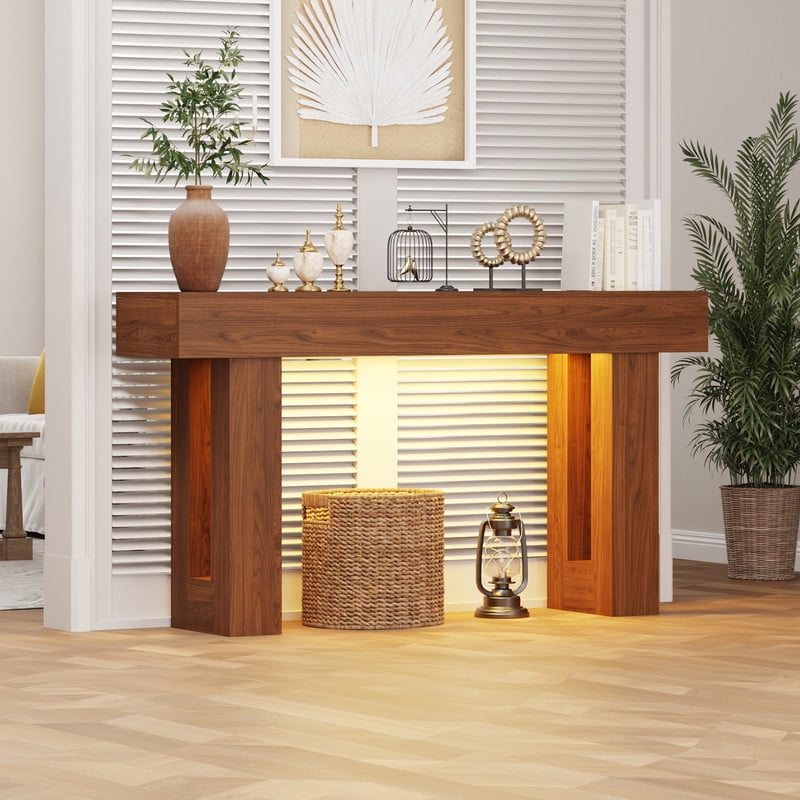 63-Inch Long Console Table with Sensor Light, Farmhouse Entryway Table, Wooden Rectangular Sofa Table Behind Couch for Entrance, Hallway, Living Room