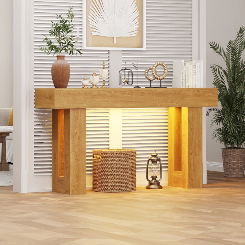 63-Inch Long Console Table with Sensor Light, Farmhouse Entryway Table, Wooden Rectangular Sofa Table Behind Couch for Entrance, Hallway, Living Room