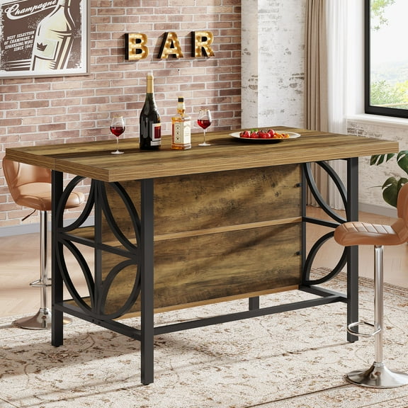 Finmind 63-inch Long Home Bar Table, 2-Tier Large Kitchen Bar Table, Rustic Brown and Black