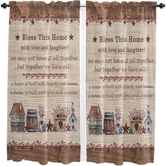 63 Inch Long Tier Curtains for Kitchen, American Country Star Bless This Home Berries Wooden Board Bathroom Window Curtains Rod Pocket Short Curtains Window Treatment Tiers for Living Room 2 Panels