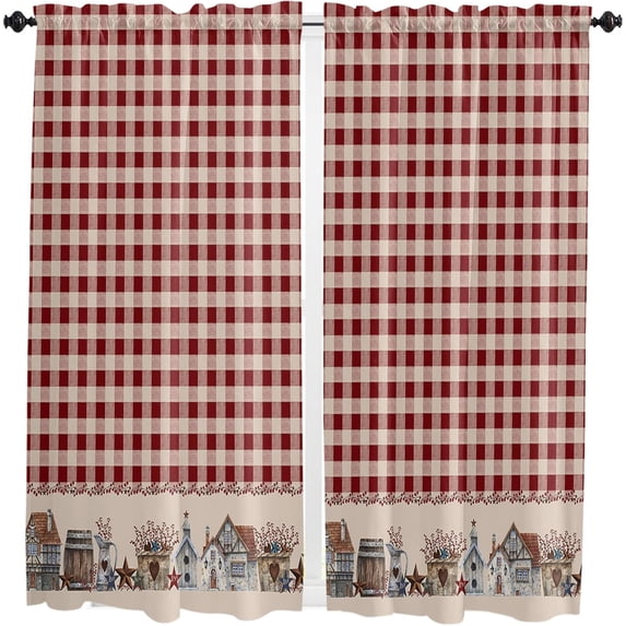 63 Inch Long Tier Curtains for Kitchen, American Country Star Retro Red Checked Plaid Bathroom Window Curtains Rod Pocket Short Curtains Window Treatment Tiers for Living Room Farmhouse 2 Panels