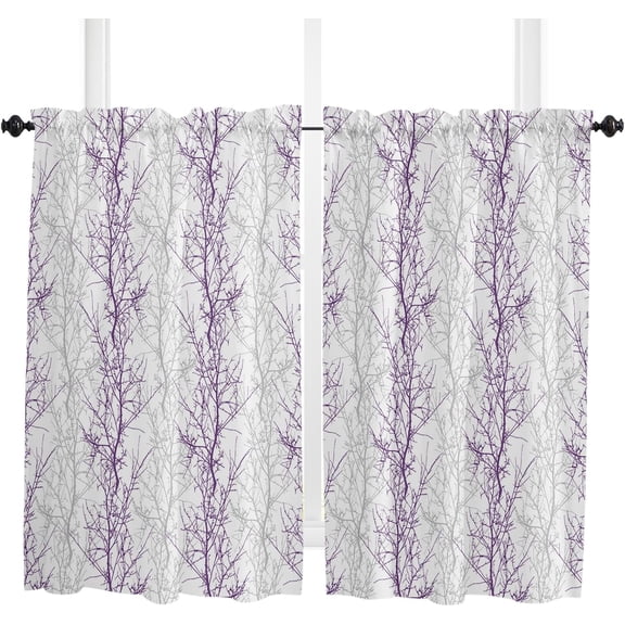 63 Inch Long Tier Curtains for Kitchen, Purple Grey Tree Branch Bathroom Window Curtains Rod Pocket Short Curtains Window Treatment Tiers for Living Room Farmhouse 2 Panels