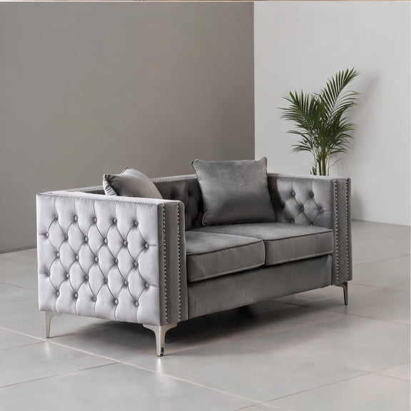 63-Inch Loveseat in Slate Gray Velvet with Button Tufted Back and Nailhead Trim for Living Room Seating