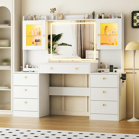 63 Inch Makeup Vanity Desk with Mirror, Glass Top Vanity Table with Charging Station, Adjustable LED Lights, 7 Drawers, Storage Cabinet for Bedroom, White