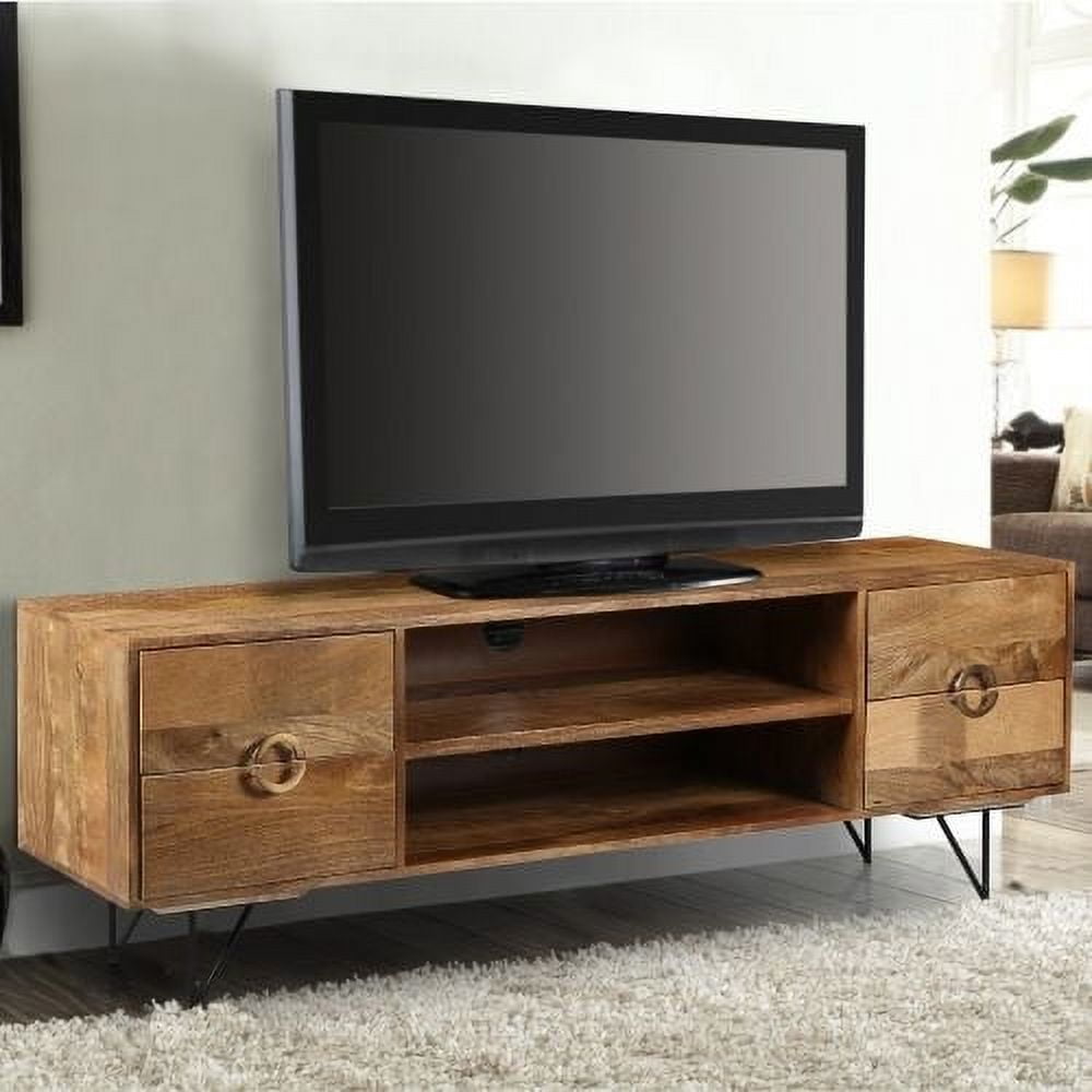 63 Inch Mango Wood TV Cabinet with Spacious Storage, Natural Brown and Black - Saltoro Sherpi