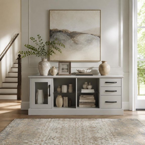 63 Inch Media Console Table with 3 Drawers, 2 Glass Shelves, Cable Management Holes, Gray