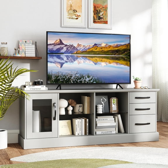 63 Inch Media Console Table with 3 Drawers, 2 Glass Shelves, Cable Management Holes, Gray