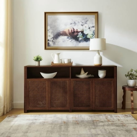 63-Inch Mid-Century Modern Rattan Sideboard Buffet Cabinet with Storage, Retro Coffee Bar Wine Credenza, Adjustable Shelves and Outlet Holes, Media Console for Living Room, Entryway, Kitchen, Walnut