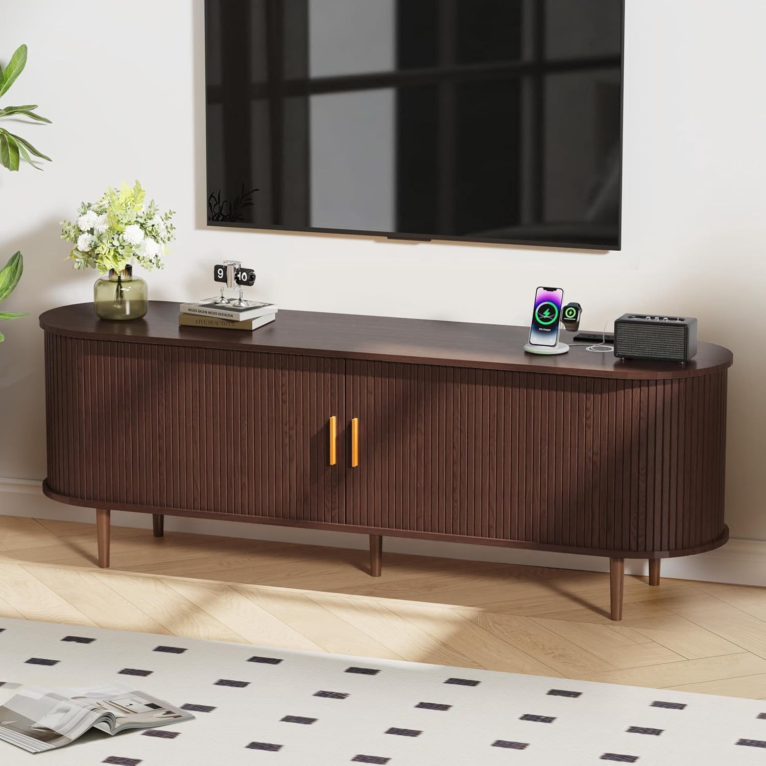 63 Inch Mid-Century Modern TV Stand with Power Outlet and Sliding Doors, Entertainment Center with Adjustable Storage Shelves, for TVs up to 70 Inches, Walnut
