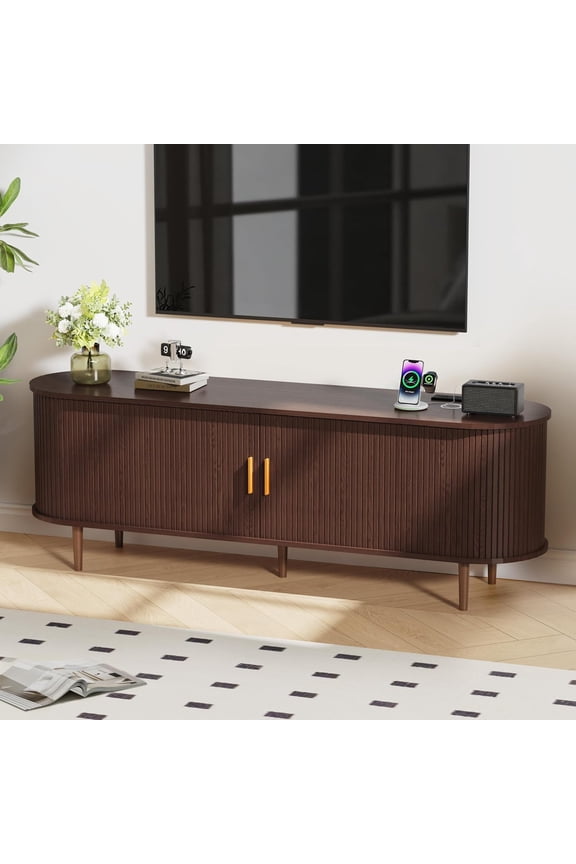 63 Inch Mid-Century Modern TV Stand with Power Outlet and Sliding Doors, Entertainment Center with Adjustable Storage Shelves, for TVs up to 70 Inches, Walnut