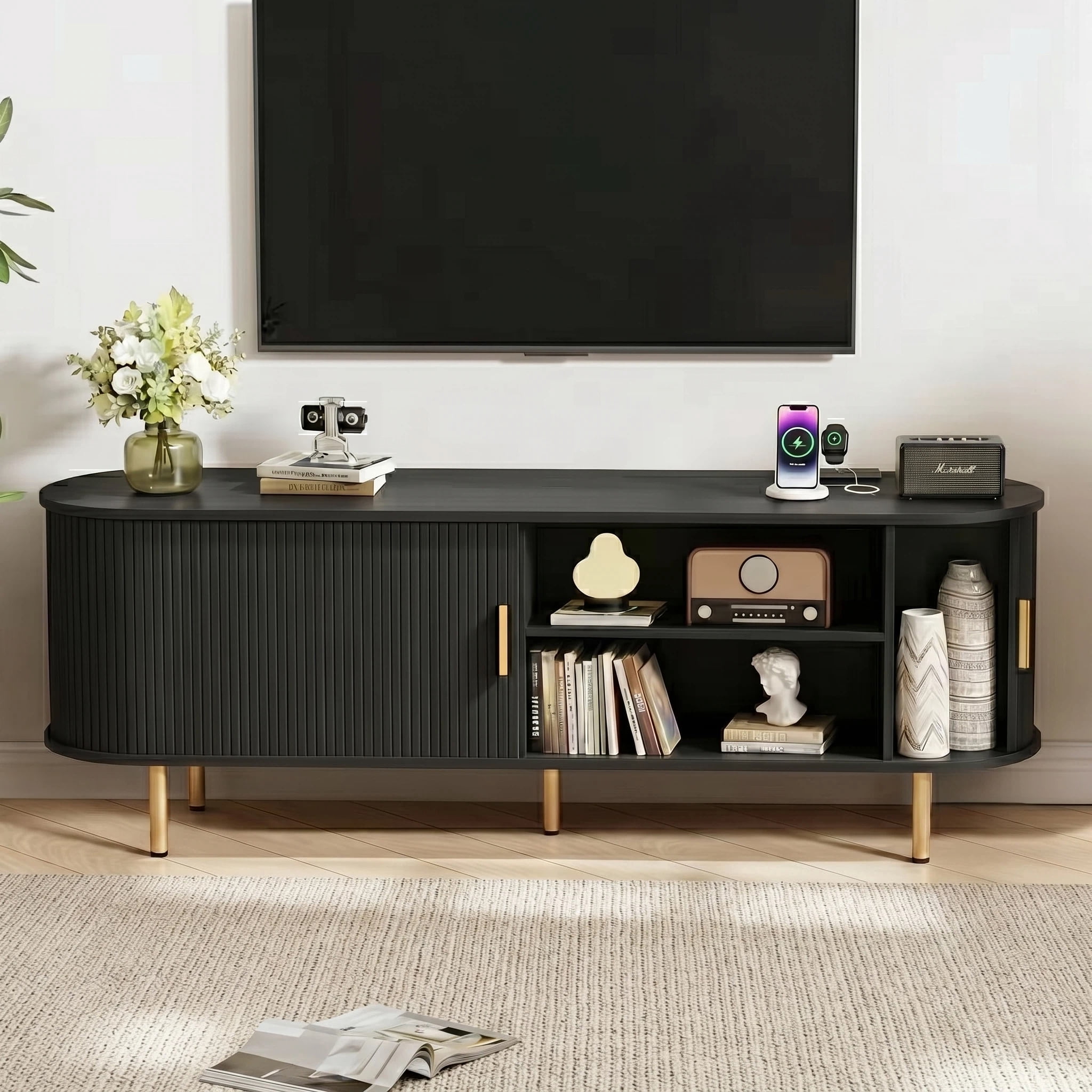AISWORD 63 Inch TV Stand with Power Outlet for TVs up to 70 Inch, Entertainment Center with Storage and Adjustable Shelves, Media Console with Sliding Doors for Living Room, Black