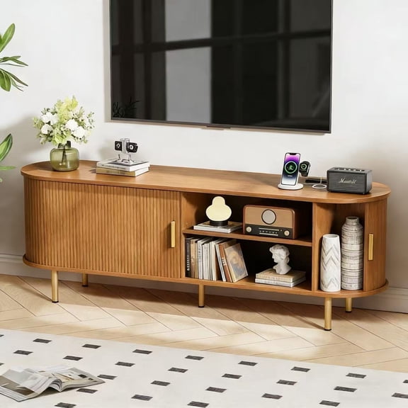 Aisword 63 Inch Mid Century Modern TV Stand with Power Outlet, Storage, Adjustable Shelves & Sliding Doors, For TVs Up To 70 Inch, Yellow