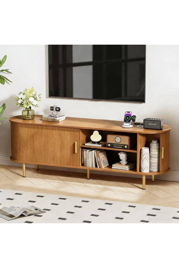 63 Inch TV Stand with Power Outlet for TVs up to 70 Inch, Entertainment Center with Storage and Adjustable Shelves, Media Console with Sliding Doors for Living Room, Yellow