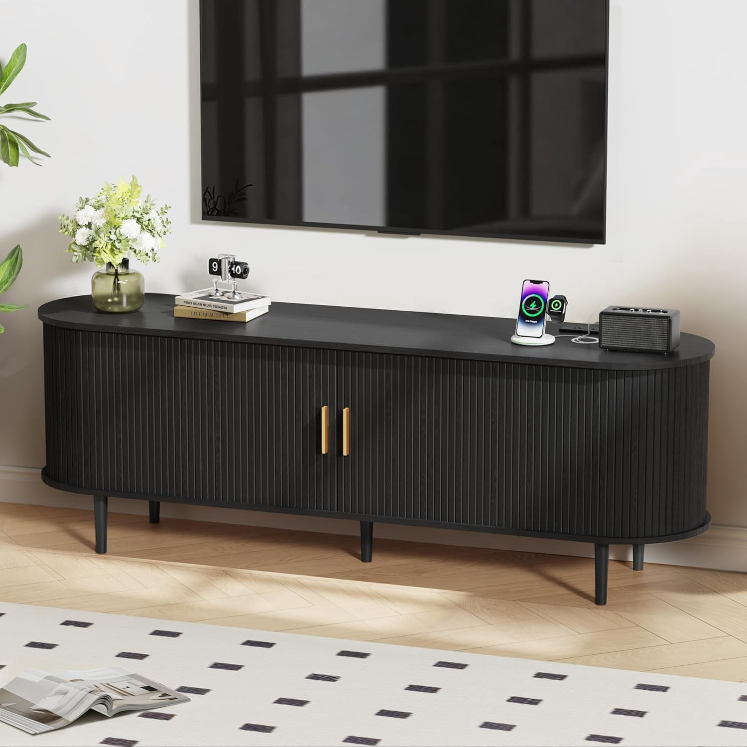 63 Inch Mid-Century Modern TV Stand with Power Outlet for TVs up to 70 Inches, Entertainment Center with Sliding Doors, Adjustable Shelves and Storage, Media Console for Living Room, Black