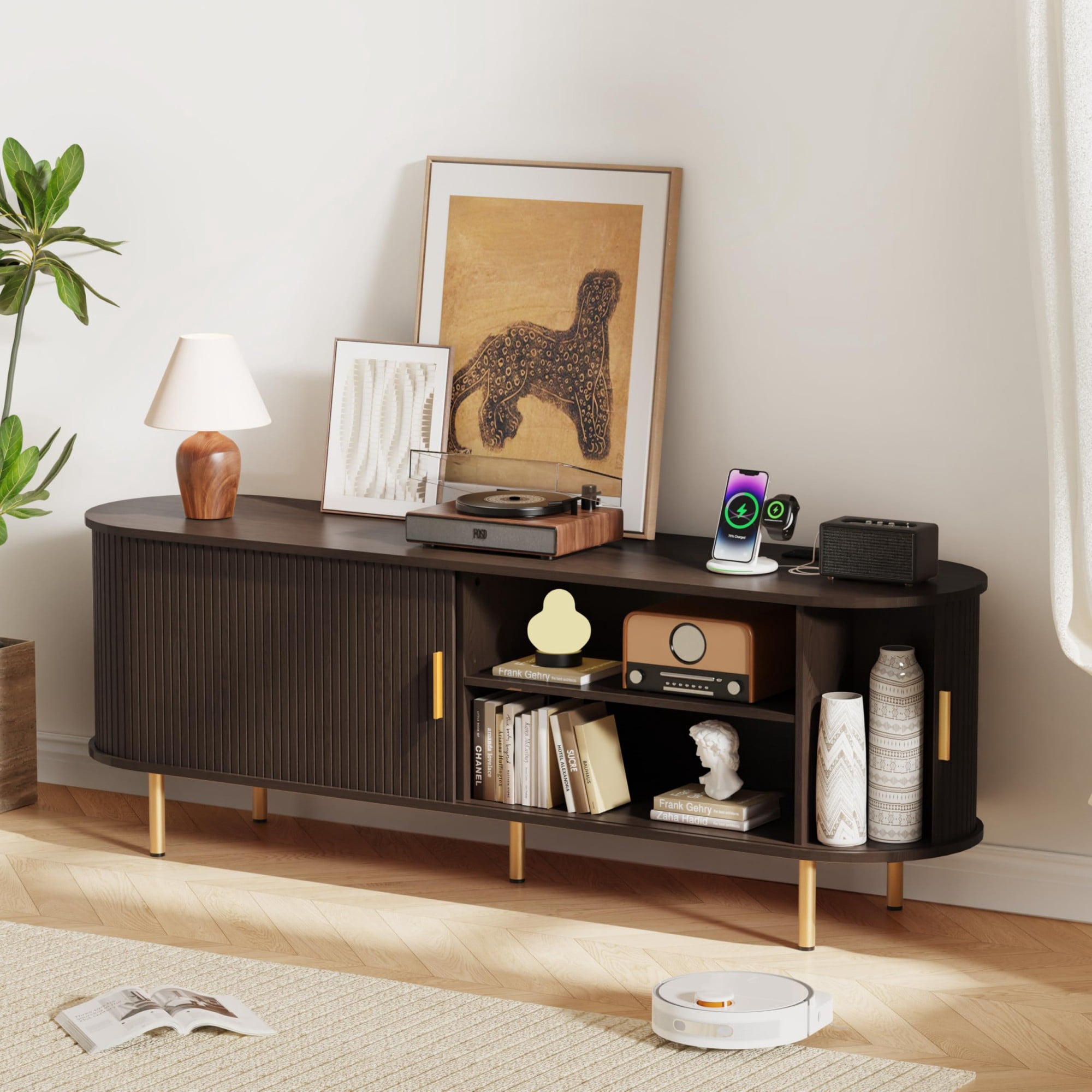 63 Inch Mid Century Modern TV Stand with Power Outlet, Fluted Media Console with Sliding Doors for TVs up to 70 Inch, Coffee