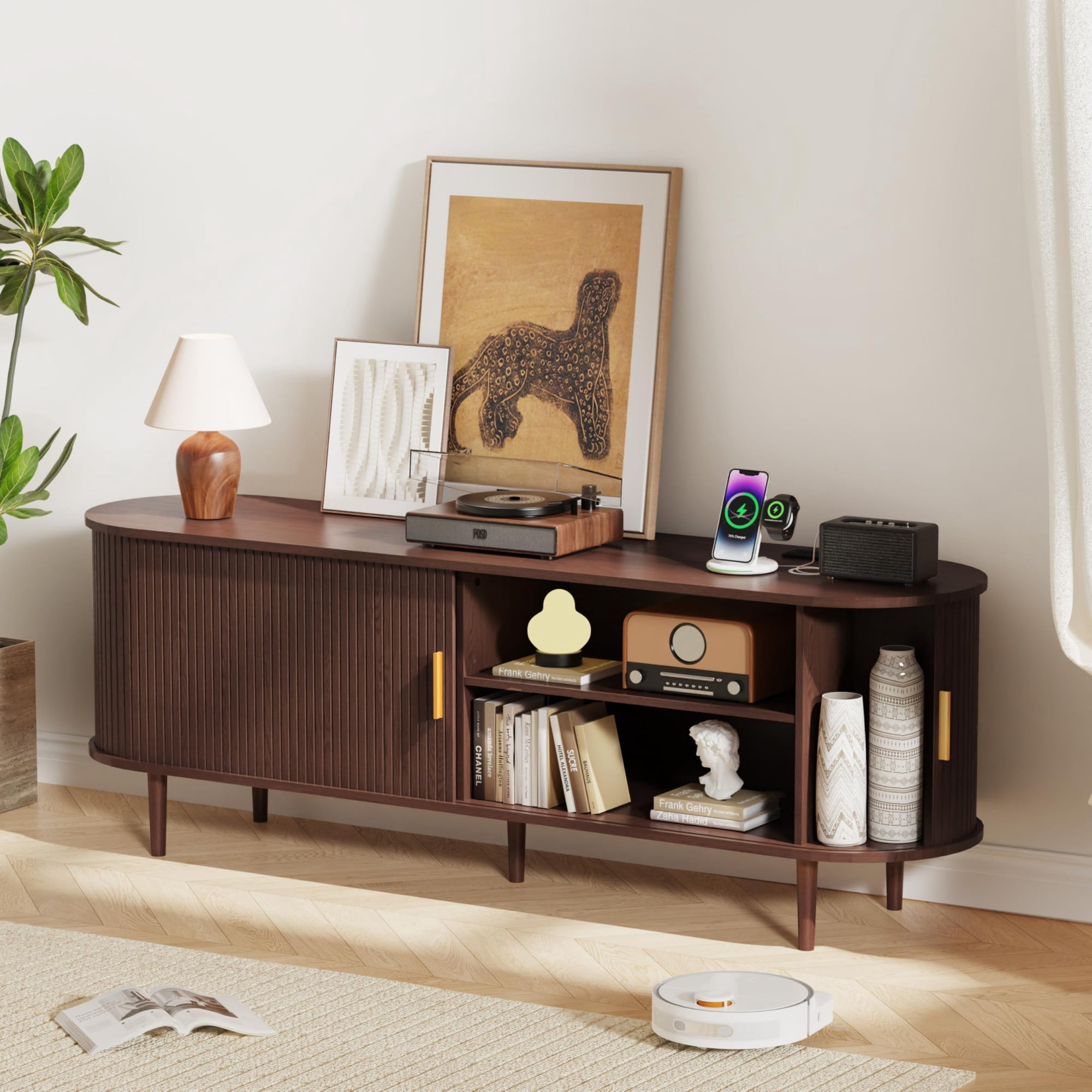 63 Inch Mid Century Modern TV Stand with Power Outlet, Fluted Media Console with Sliding Doors for TVs up to 70 Inch, Walnut