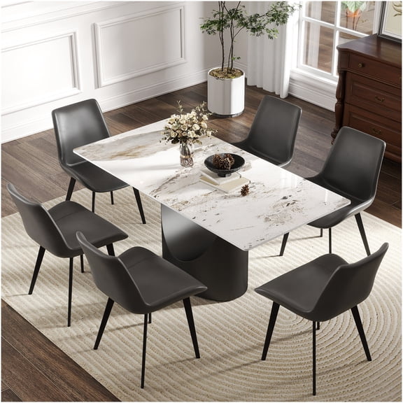 63 Inch Modern Dining Table for 6-8 People, White Sintered Stone Top with Black Metal Legs