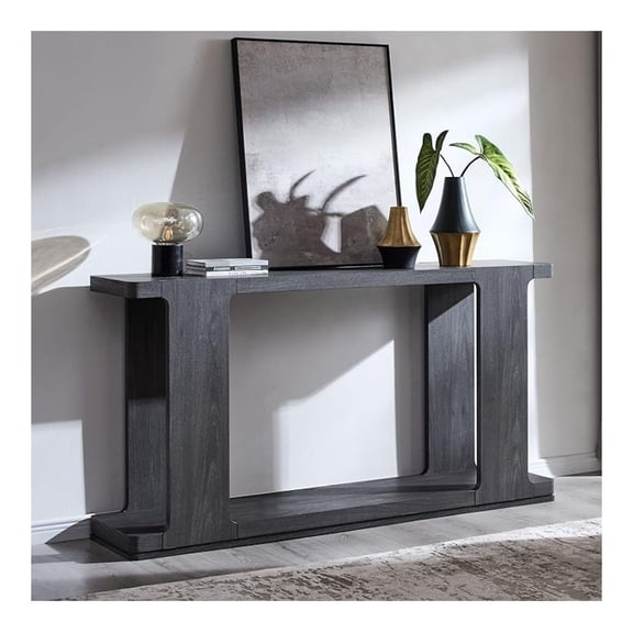 63 Inch Modern Entryway Console Table, 2-Tier Long Sofa Table Behind Couch with Curved Edge, Wood Farmhouse Narrow Entry Table for Hallway, Living Room, Foyer, Entrance, Dark Alder