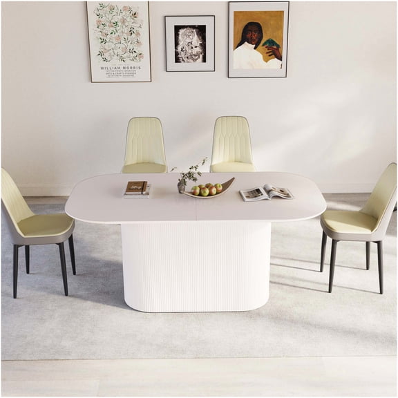 63 Inch Modern Farmhouse Dining Table Set with 4 PU Chairs, Beige and Grey MDF Top, Industrial Chic Kitchen Furniture for Home