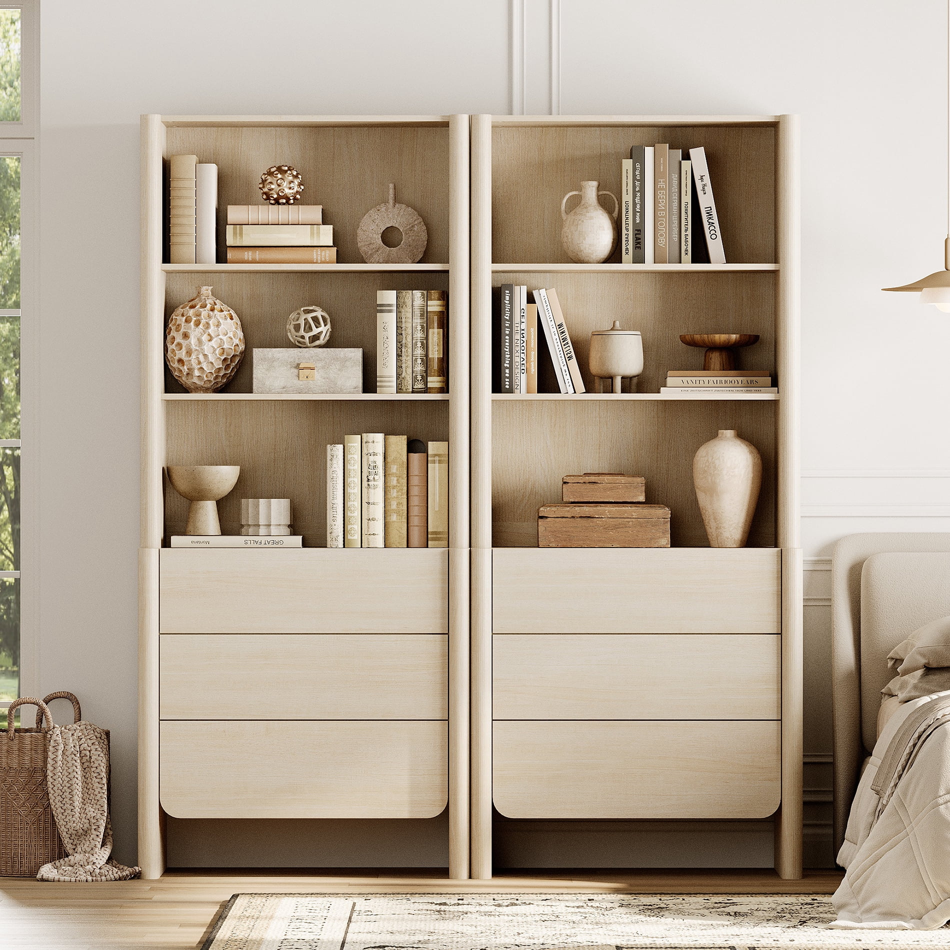 63-Inch Modern French Bookcase with Curved Edges, 6 Drawers and Open Shelving, 72.8" Tall, Beige