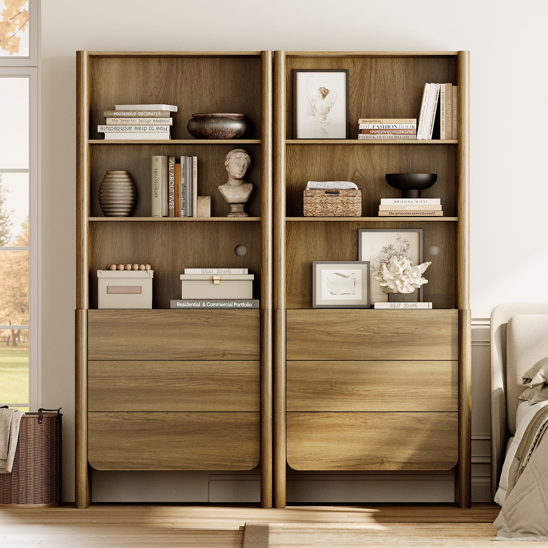 63-Inch Modern French Bookcase with Curved Edges, 6 Drawers and Open Shelving, 72.8" Tall, Walnut
